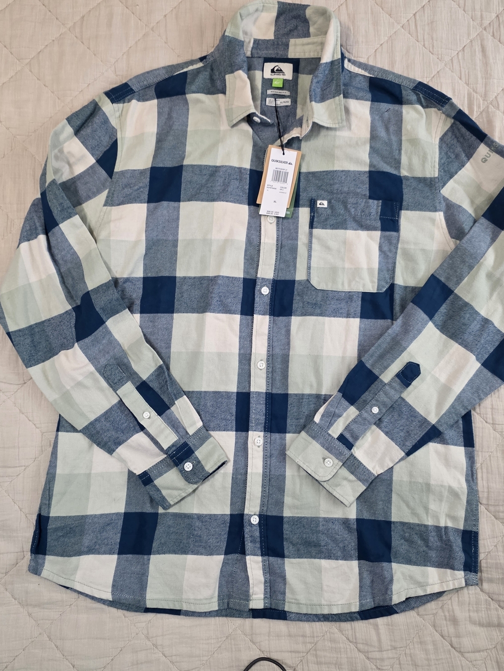 Quiksilver Men's Navy Blue and White Check Button-Down Shirt